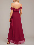 Burgundy A-Line Off The Shoulder Asymmetrical Chiffon Bridesmaid Dress With Cascading Ruffles