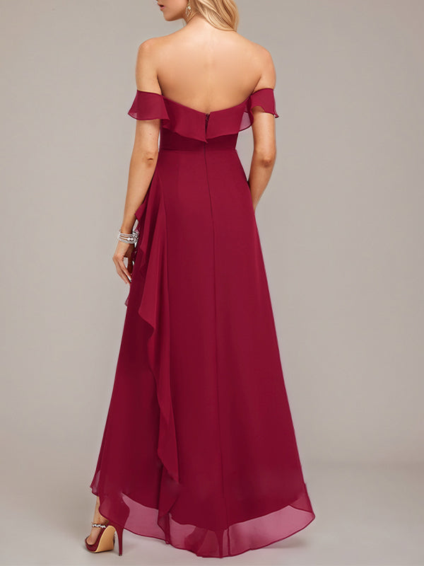 Burgundy A-Line Off The Shoulder Asymmetrical Chiffon Bridesmaid Dress With Cascading Ruffles