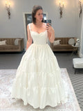 Satin Tiered Ball Gown Wedding Dress with Bow Straps