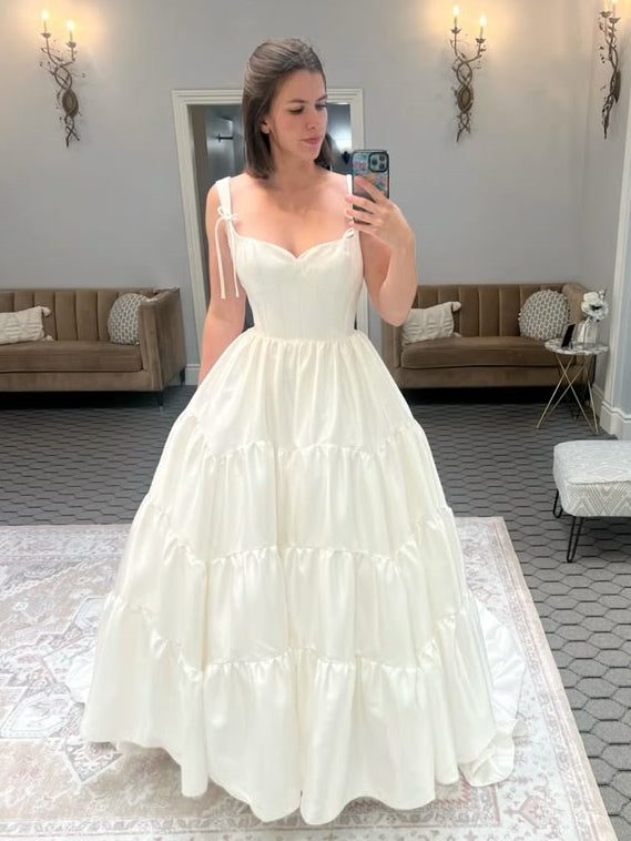 Satin Tiered Ball Gown Wedding Dress with Bow Straps
