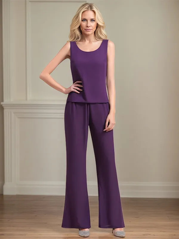 Tailleur pantalone da madre della sposa in chiffon con scollo a U, maniche lunghe e lunghezza fino a terra