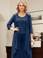Ensembles bleu marine combinaison/pantalon à col rond en chiffon longueur sol robe mère de la mariée