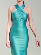 Elegant Aqua Satin Halter Bodycon Sleek & Sophisticated Evening Midi Dress