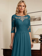 Vestidos de mãe da noiva evasê de chiffon com decote redondo, mangas 1/2 e aplicações de renda