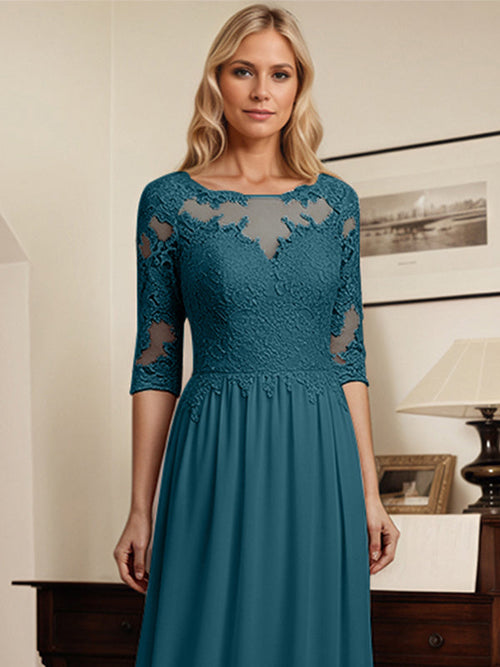 Robe mère de la mariée ligne A en mousseline, col rond, manches 1/2, avec appliques en dentelle