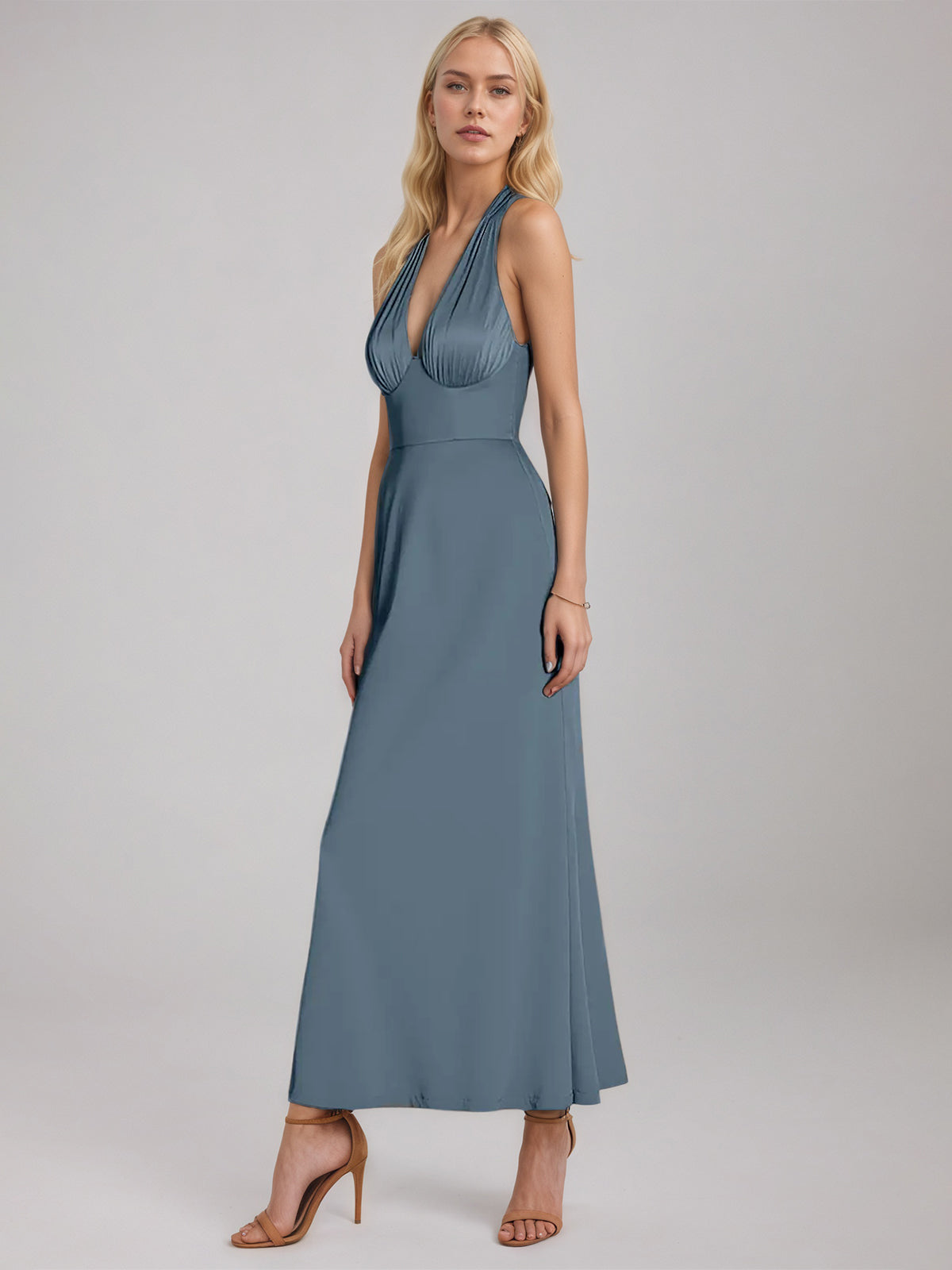 Slate Blue Sheath/Column Satin Halter Sleeveless Ankle Length Dress