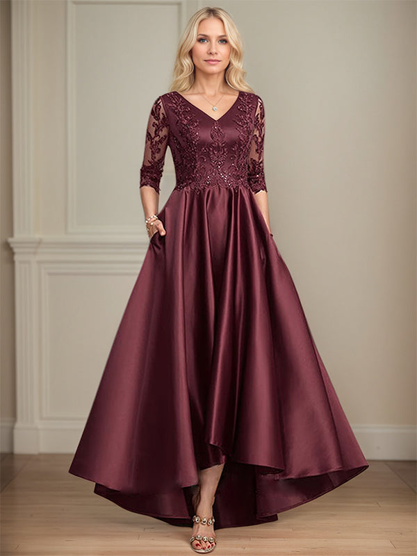 Vestido de mãe da noiva evasê com decote em V, assimétrico, em cetim e renda com lantejoulas