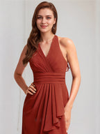 Vermilion Satin A Line V Neck Sleeveless Floor Length Bridesmaid Dress With Ruffle