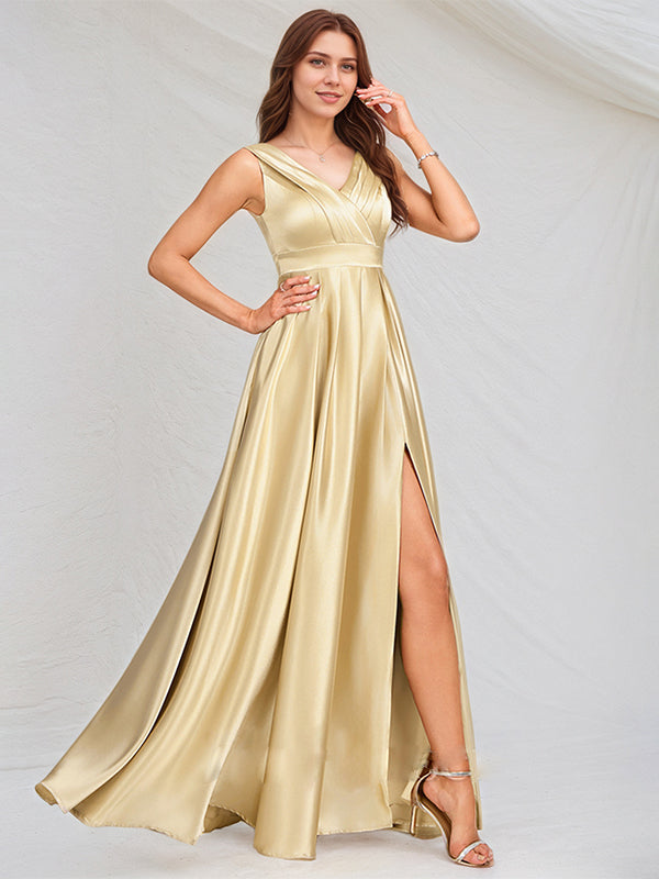 A Line Champagne Satin V Neck Sleeveless Floor Length Dress With High Slit