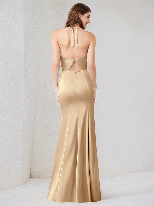 Champagner Satin Spaghetti-Träger ärmelloses bodenlanges Kleid mit hohem Schlitz