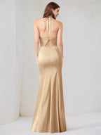 Champagner Satin Spaghetti-Träger ärmelloses bodenlanges Kleid mit hohem Schlitz