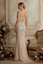 Elegant Strapless Embellished Evening Gown with Illusion Cutout