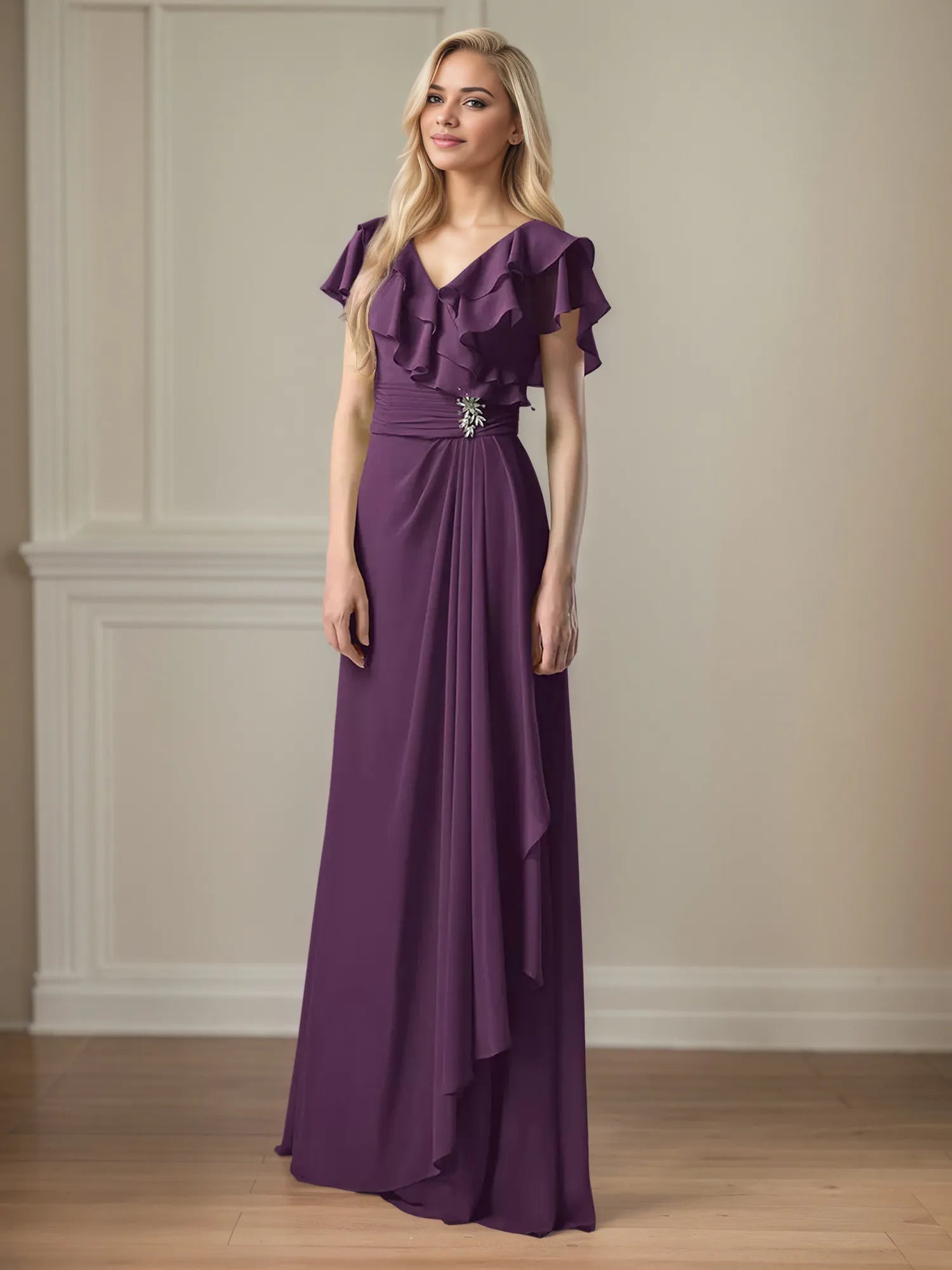A Line Chiffon V Neck Ruffles Floor Length Mother of the Bride Dress