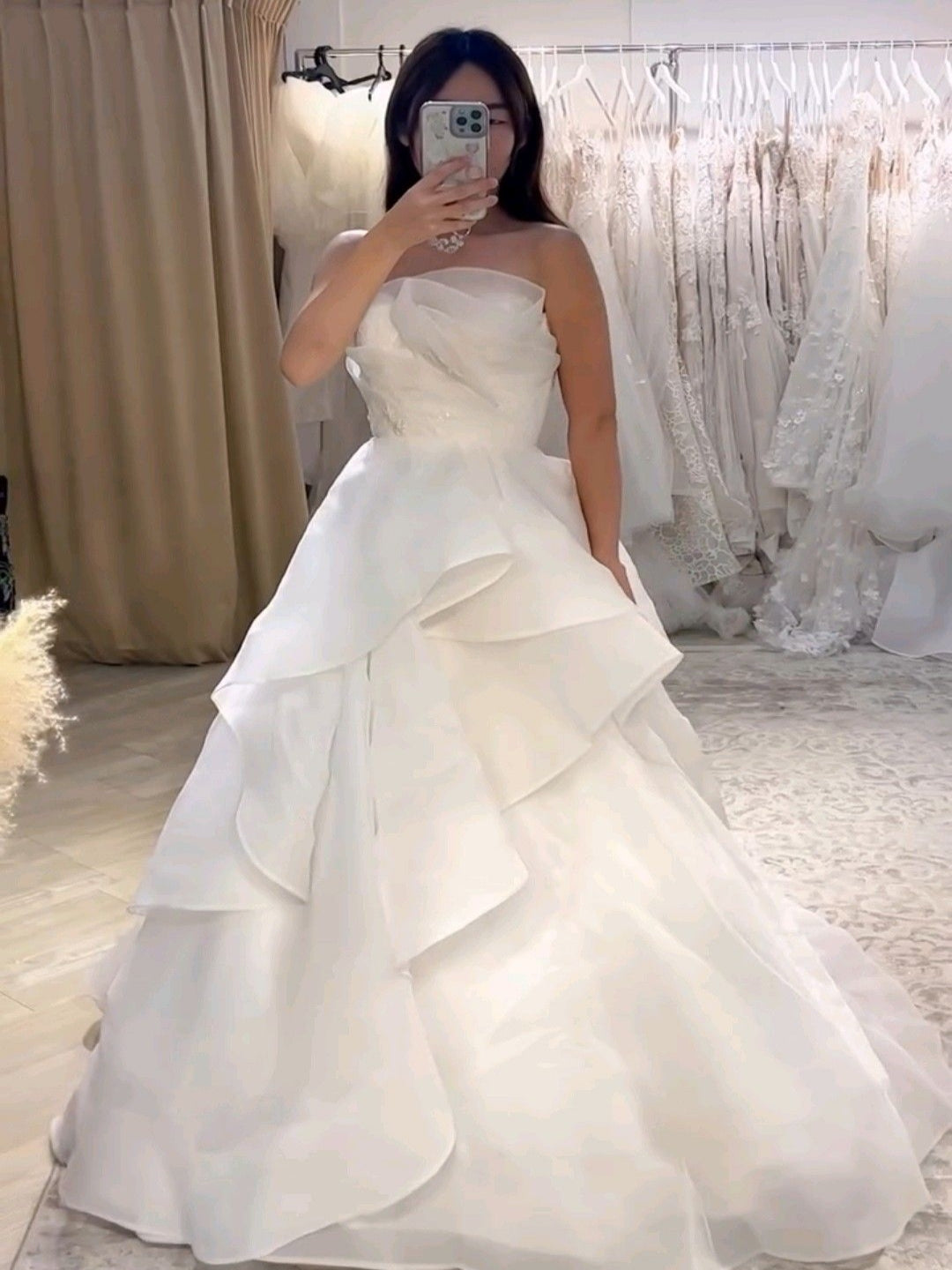 A-Line Strapless Organza Multi-Tier Ruffle Bridal Gown