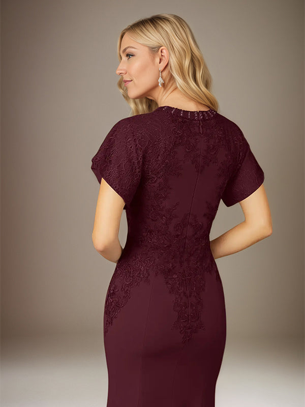 Cabernet Trumpet/Mermaid Stretch Crepe Scoop Neck Flutter Sleeve Floor Length Dress