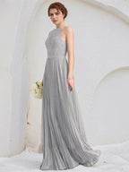 Silbernes A-Linien U-Ausschnitt bodenlanges Spitzen Chiffon Kleid mit Falten