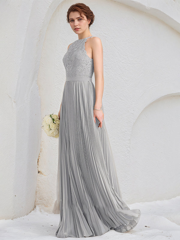 Silbernes A-Linien U-Ausschnitt bodenlanges Spitzen Chiffon Kleid mit Falten