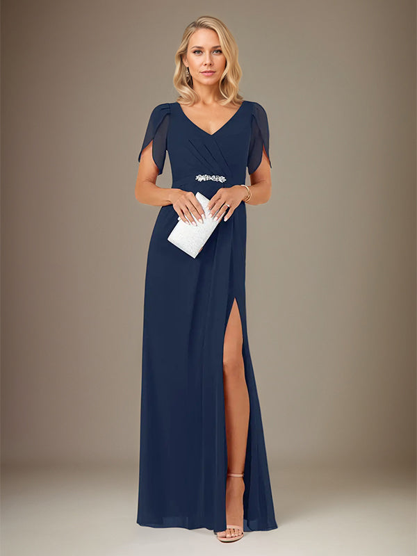 Abito lungo a tubino/colonna in chiffon blu scuro con scollo a V e maniche corte