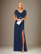 Abito lungo a tubino/colonna in chiffon blu scuro con scollo a V e maniche corte
