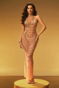 Gold Chain Embellished Illusion Mesh Maxi Gown