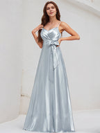 Ice Blue Satin A Line Spaghetti Straps Sleeveless Floor Length Bridesmaid Dress With Bow