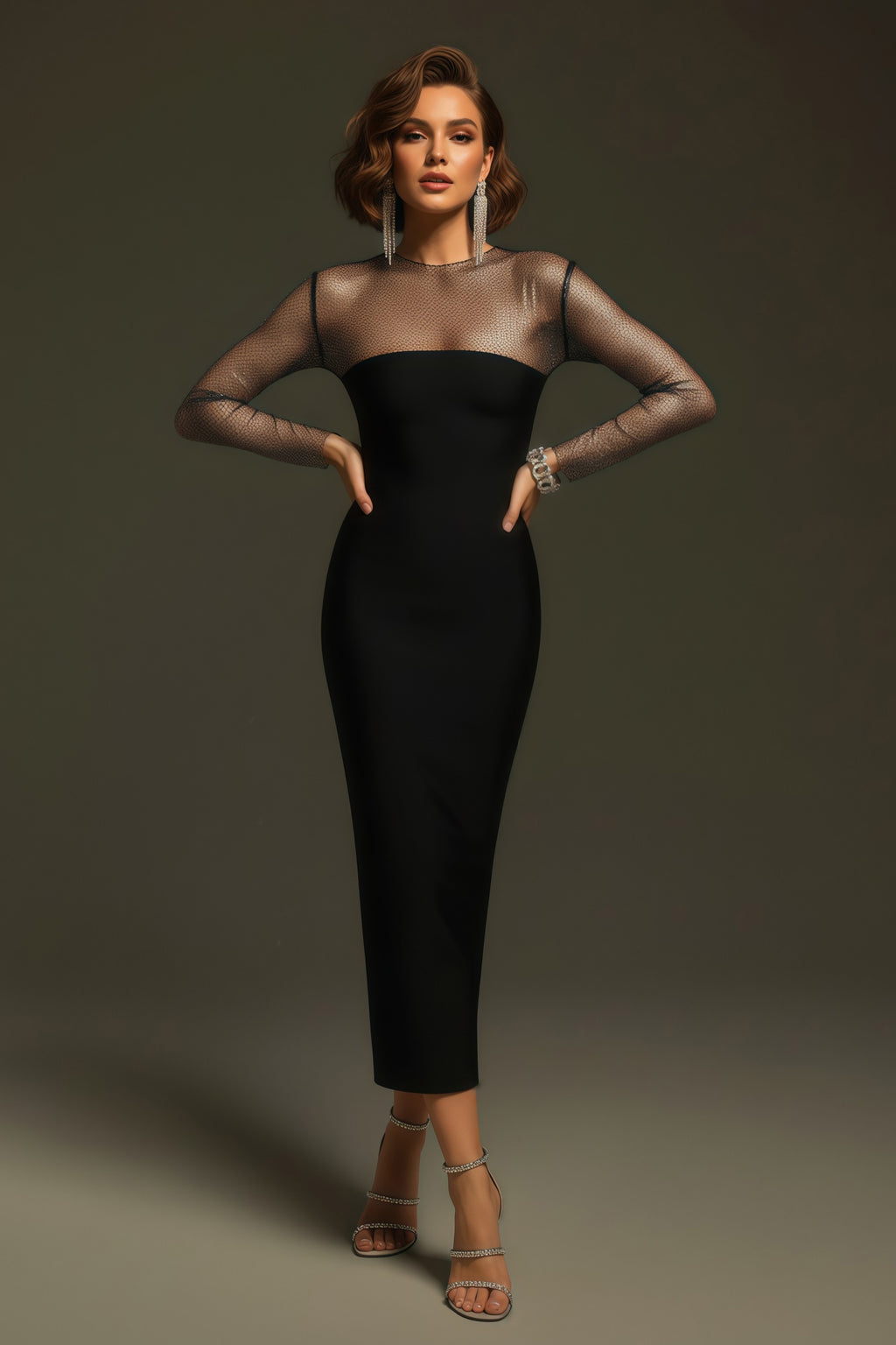 Illusion Mesh Long Sleeve Bodycon Column Midi Dress