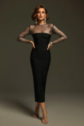 Illusion Mesh Long Sleeve Bodycon Column Midi Dress