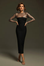 Illusion Mesh Long Sleeve Bodycon Column Midi Dress