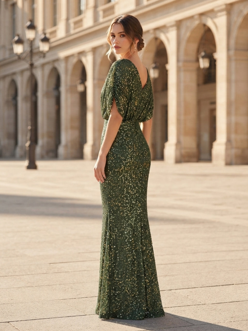 Green V-Neck Sequin Draped Sleeve Evening Dress