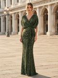 Green V-Neck Sequin Draped Sleeve Evening Dress