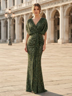 Green V-Neck Sequin Draped Sleeve Evening Dress