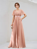 A Line Dusty Rose Chiffon V Neck Short Sleeves Floor Length Dress