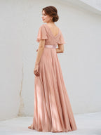 A Line Dusty Rose Chiffon V Neck Short Sleeves Floor Length Dress