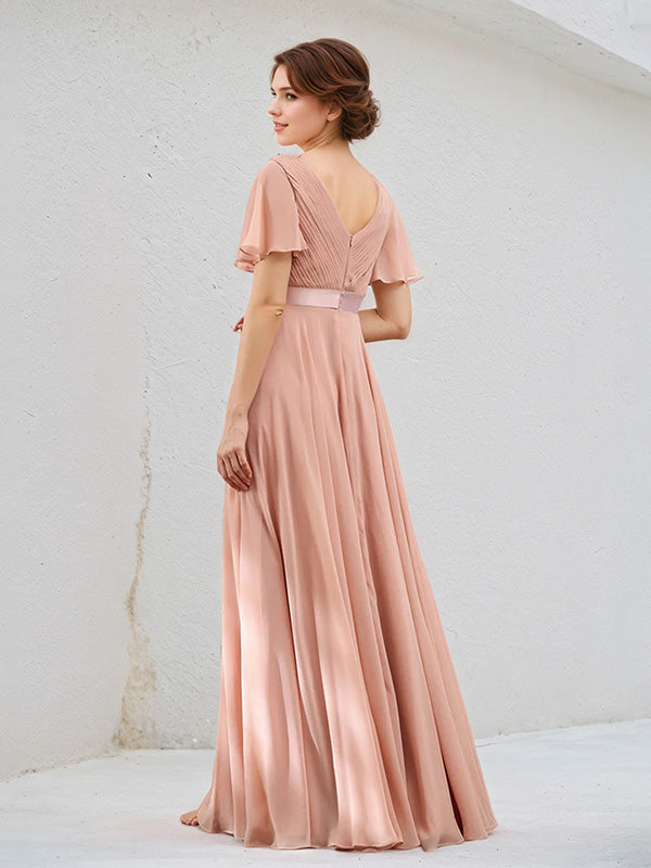 A Line Dusty Rose Chiffon V Neck Short Sleeves Floor Length Dress