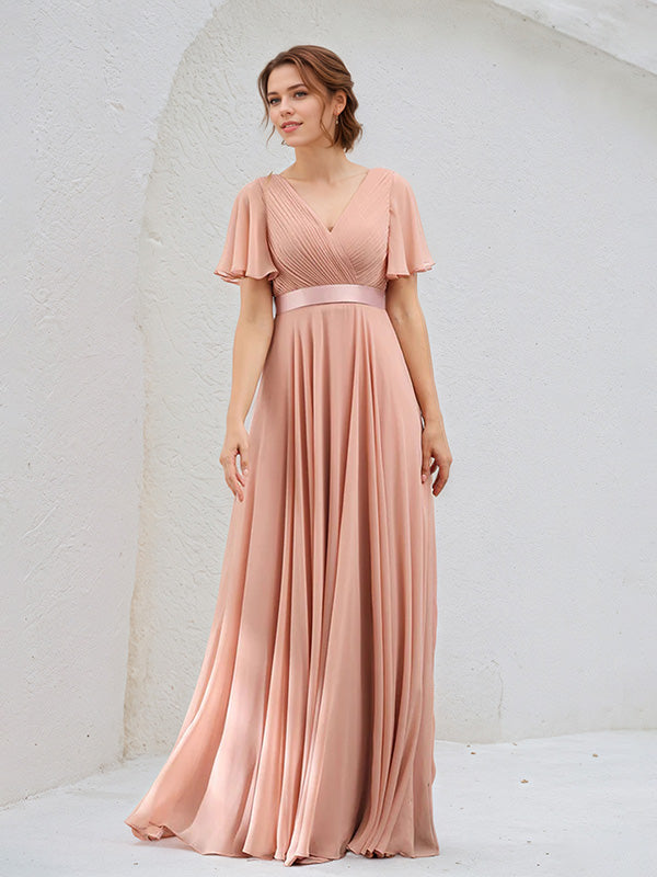 A Line Dusty Rose Chiffon V Neck Short Sleeves Floor Length Dress