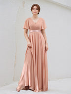 A Line Dusty Rose Chiffon V Neck Short Sleeves Floor Length Dress