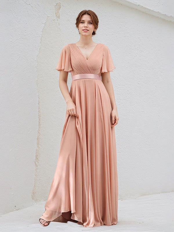 A Line Dusty Rose Chiffon V Neck Short Sleeves Floor Length Dress
