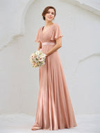 A Line Dusty Rose Chiffon V Neck Short Sleeves Floor Length Dress
