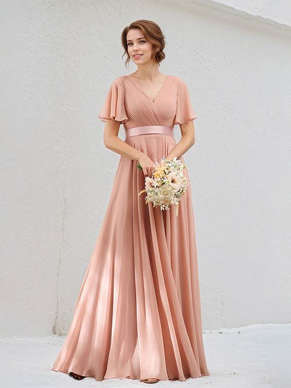 A Line Dusty Rose Chiffon V Neck Short Sleeves Floor Length Dress