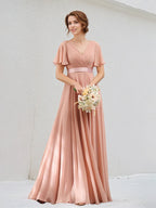 A Line Dusty Rose Chiffon V Neck Short Sleeves Floor Length Dress