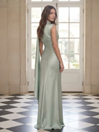 Sage Green High-Neck Draped Cape Sleeve Satin Evening Dress