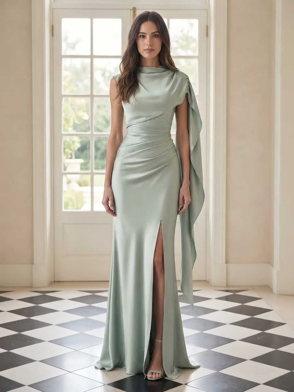 Sage Green High-Neck Draped Cape Sleeve Satin Evening Dress