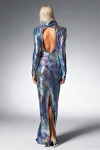 High Neck Long Sleeve Backless Shimmer Sequin Maxi Dress