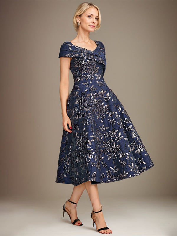 Robe mère de la mariée ligne A à col en V longueur thé en jacquard floral