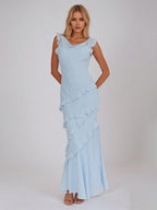 Blue Chiffon Sheath/Column Cowl Neck Sleeveless Floor Length Bridesmaid Dresses