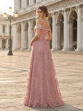 Off-the-Shoulder Pleated Satin Lace Appliqué A-Line Mother of the Bride Dress