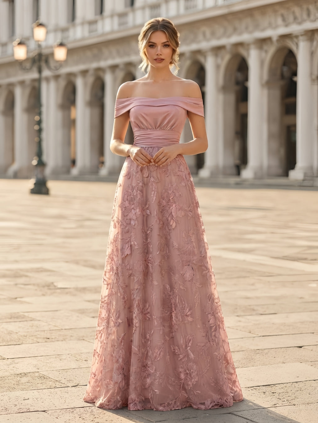 Off-the-Shoulder Pleated Satin Lace Appliqué A-Line Mother of the Bride Dress