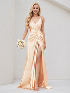 Champagne Satin V Neck Sleeveless V Back Dress With High Slit