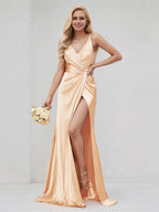 Champagne Satin V Neck Sleeveless V Back Dress With High Slit