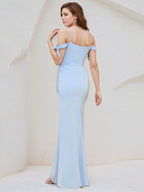 Himmelblaues Satin schulterfreies bodenlanges Kleid mit Schleifenärmeln